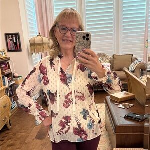 Soft Surroundings Cream Floral Tie-Neck Blouse with Burgundy & Teal Accents
